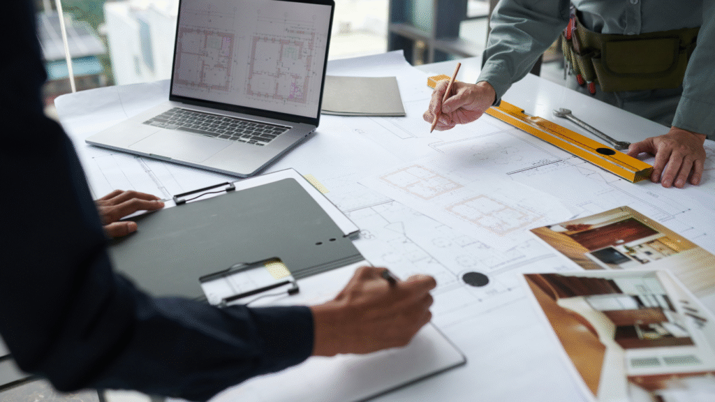 A contractor and a project manager collaborating over construction plans and floor plans on a laptop at a worksite.