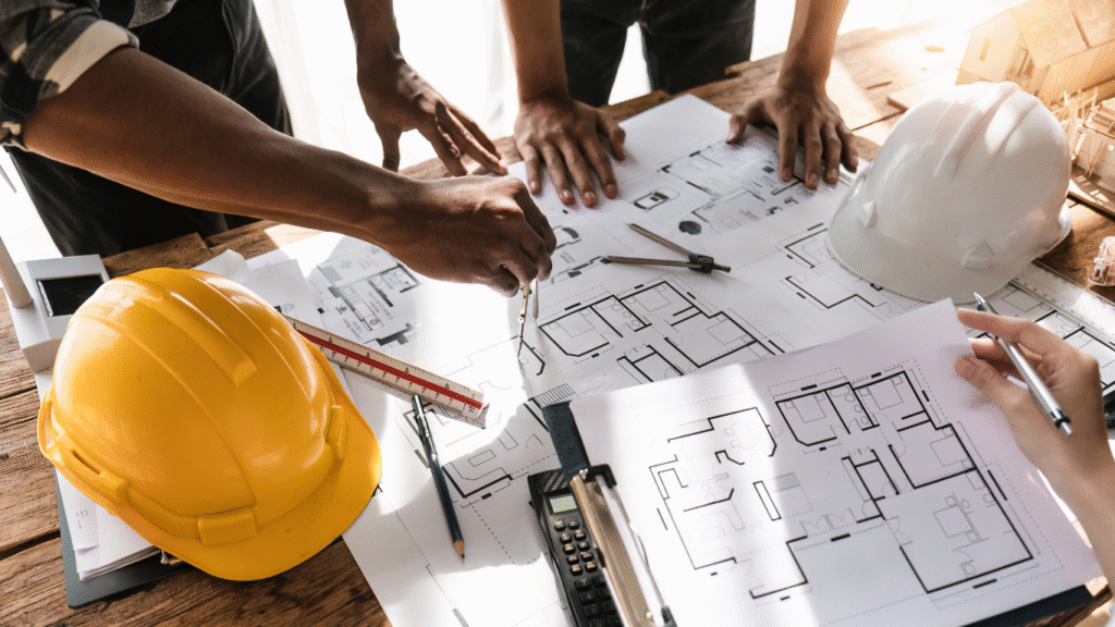 A design-build team collaboratively reviewing architectural blueprints on a wooden table with hard hats, symbolizing integrated project planning.