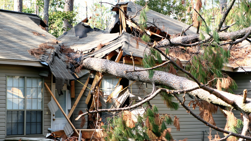 A large pine tree has crashed through the roof of a home, showing the catastrophic storm damage and the importance of hurricane hardening.
